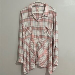 Bleach stains 2X Pink and White Plaid Button-Up Shirt westbound woman sharkbite